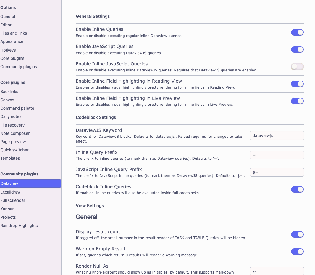 dataview settings